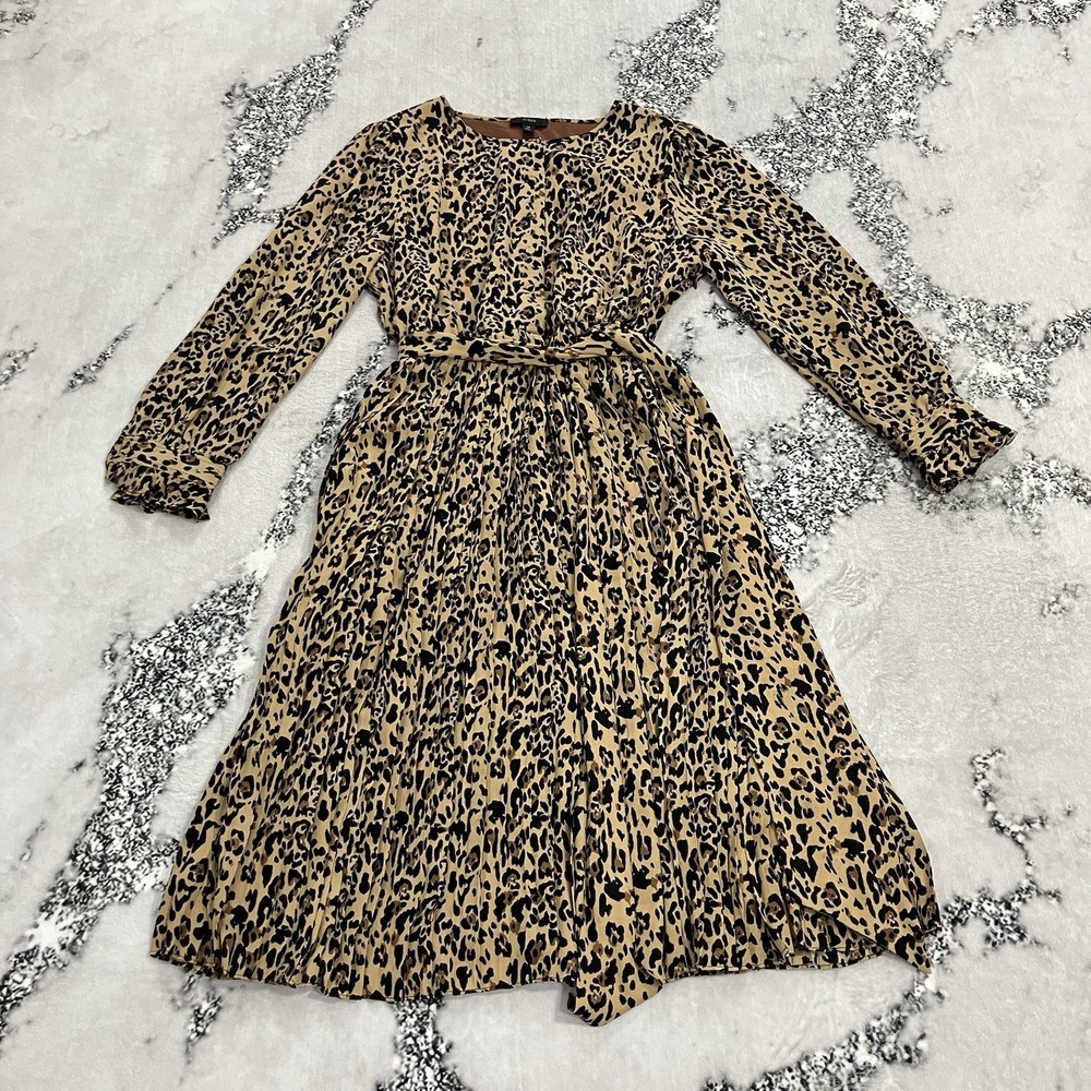 J.Crew Womens Size 14 Leopard Print Pleated Midi Dress Tie Waist Long Sleeve
